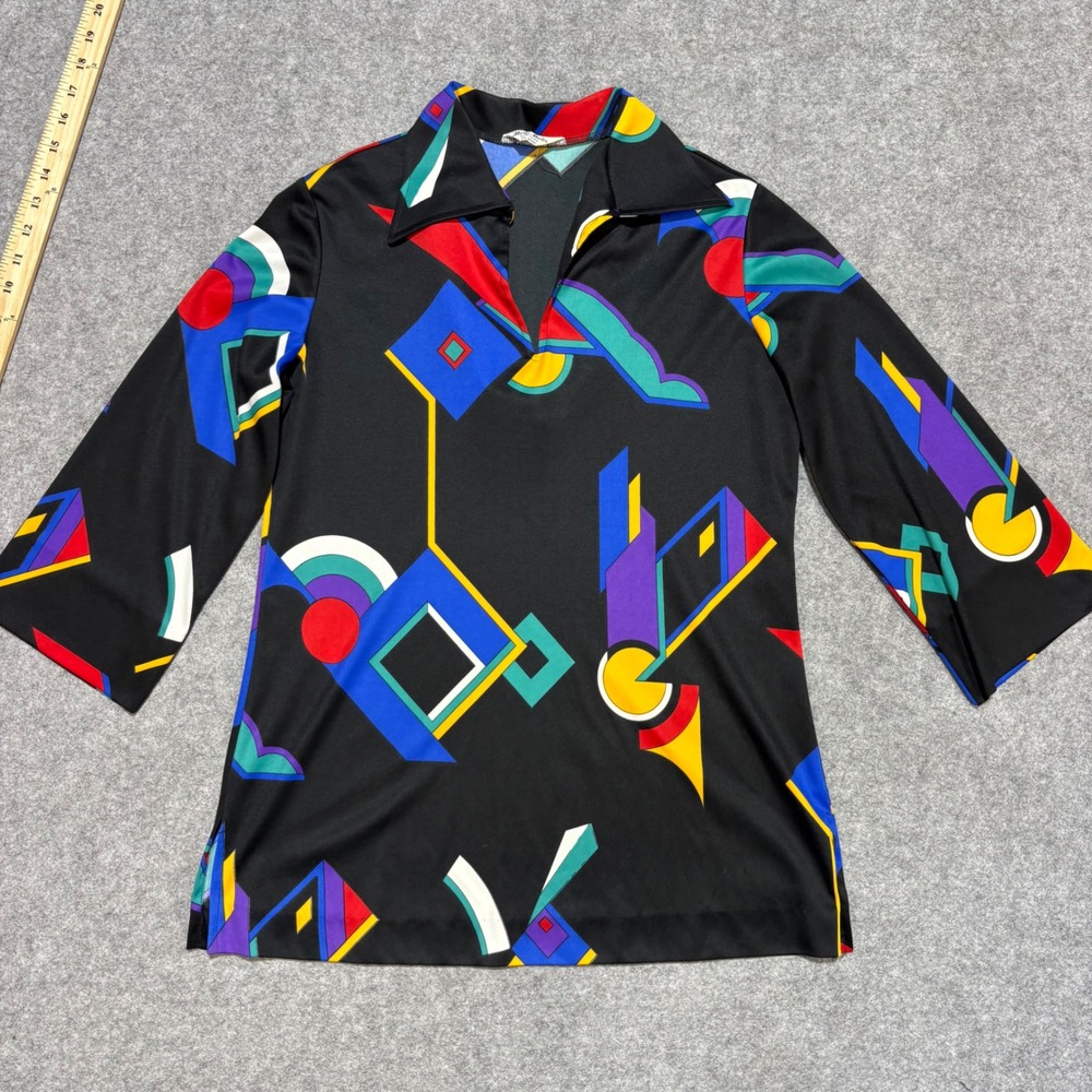 Vintage Mardi Modes 70s Geometric Abstract Tunic Top Black Multi Color V-Neck